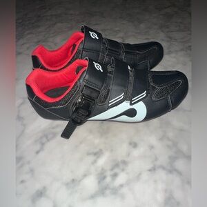 Peloton Black and White Cycling Shoes with Red Cleats size 39 unisex